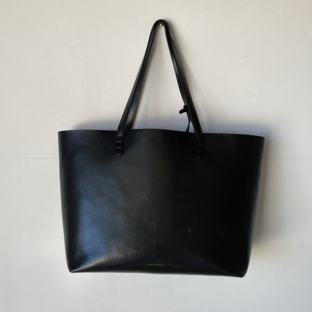 Mansur Gavriel black leather tote bag with red interior